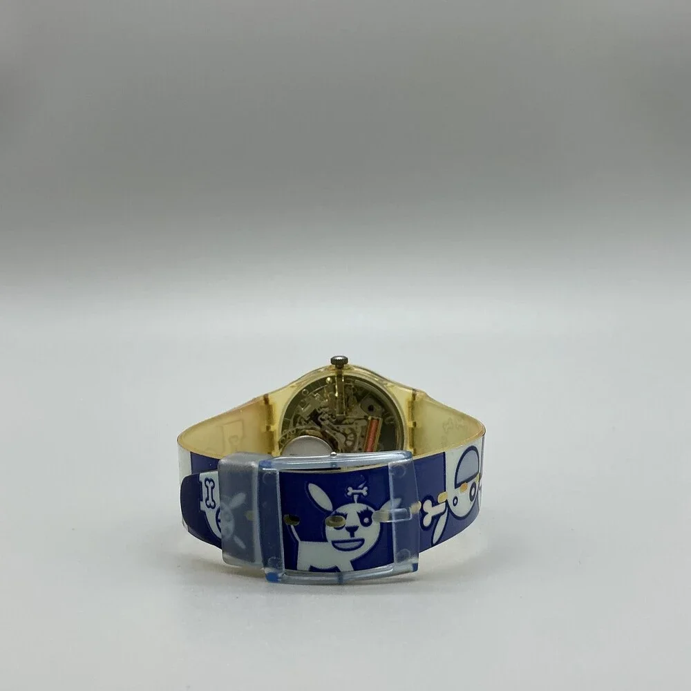 Swatch Gruau GK147 Men Watch 34mm Blue Dial Yellow Case Dog Print New Battery